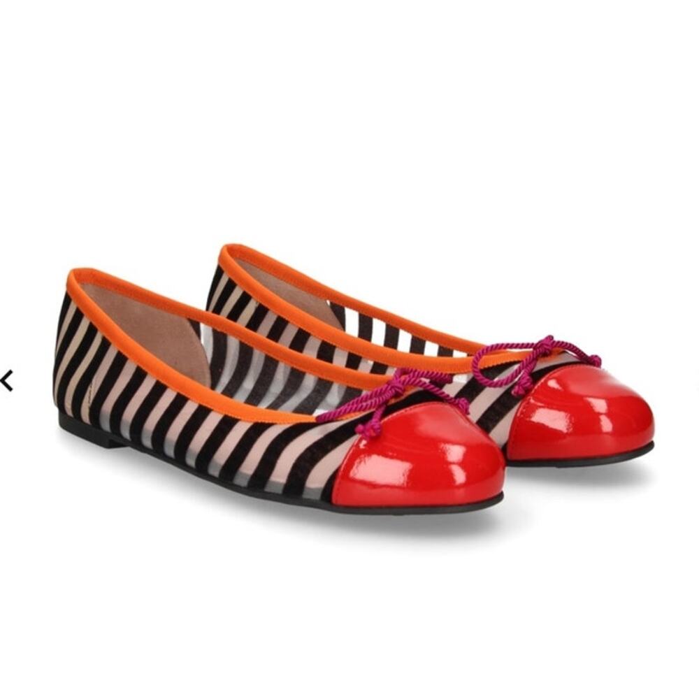 Pretty Ballerinas Red Black White Stripe Sheer Mesh Ballet Flat Spain Sz 37 US 7